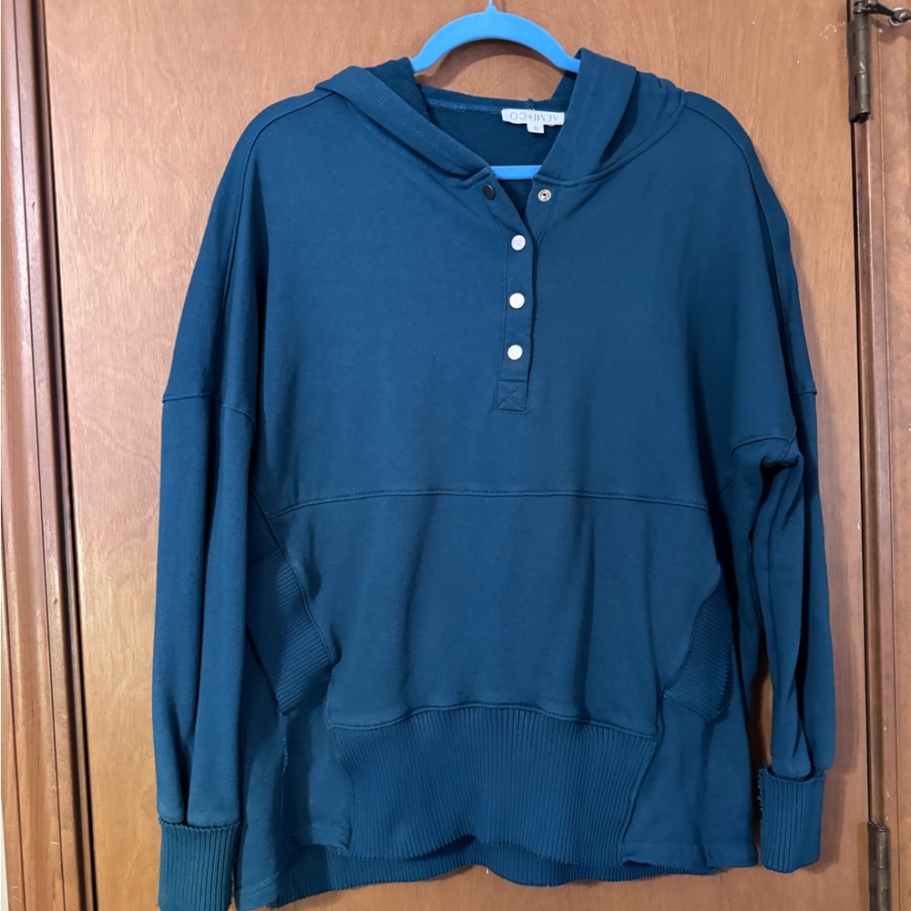 Teal Hooded Pullover with Buttons